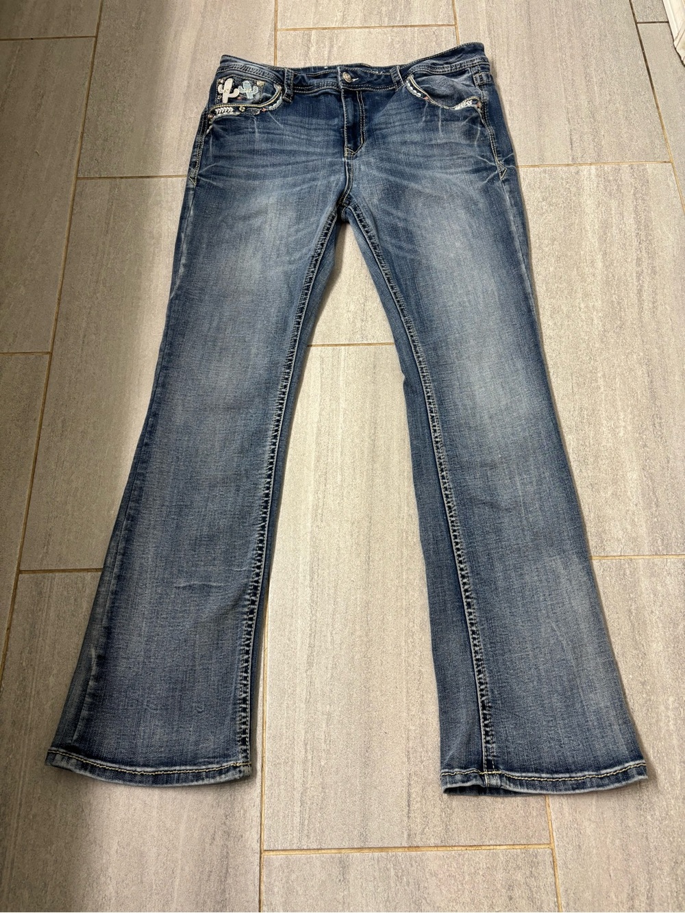 Grace in LA Western Cactus Embroidered Bling Bootcut Jeans Distressed Size 34